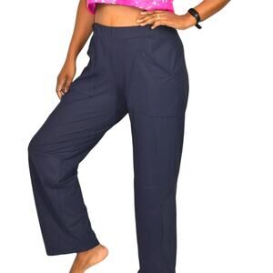 Porto Pants Blue Navy Lagenlook Avant Garde Stretch Jersey Straight Pockets 8
